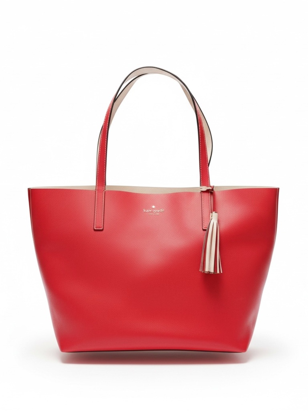 Kate Spade Lakeland Marina  Red Leather Tote with Cream Trim and Tassel